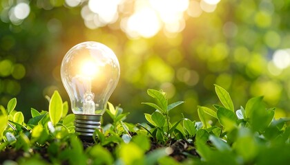 Eco friendly lightbulb with plants green background, renewable and sustainable energy