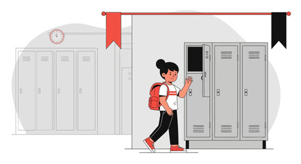 Fototapeta premium Cheerful Student Waving In School Hallway With Lockers And Backpack Illustration