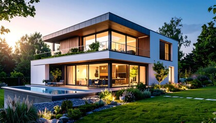 Eco friendly modern house, green energy and renewable power concept