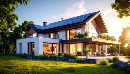 Eco friendly modern house, green energy and renewable power concept