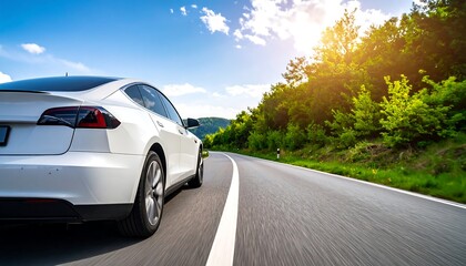 Electric car driving on the road with green nature and blue sky motion blur background
