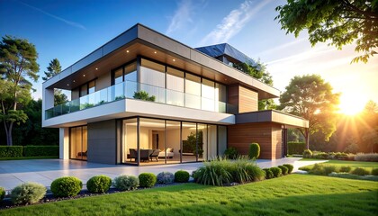 Eco friendly modern house, green energy and renewable power concept