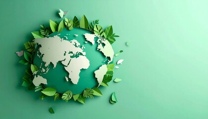Green world paper cute style with copy space, earth day banner and world environment day concept