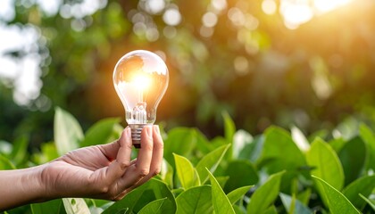 Hand holding light bulb against nature on green leaf with energy sources, sustainable developmen and responsible environmental, energy sources for renewable, ecology concept
