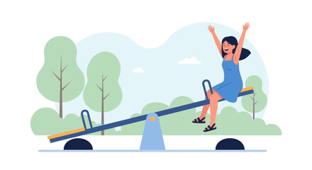 Fototapeta premium Cheerful Woman Enjoying A Seesaw Ride In The Park Playground Fun
