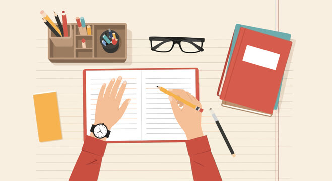 Creative Workspace With Person Writing in Notebook From Above View