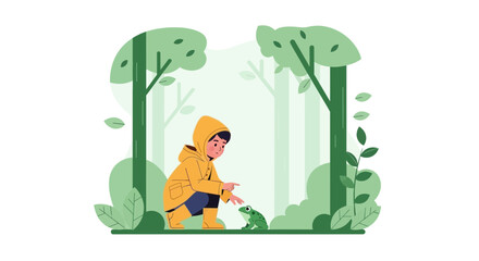 Fototapeta premium Child Encounters A Frog In Woods During A Rainy Day Adventure