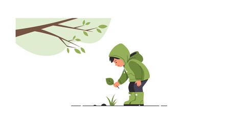 Child Investigating New Growth In Early Spring Illustrating Youthful Curiosity