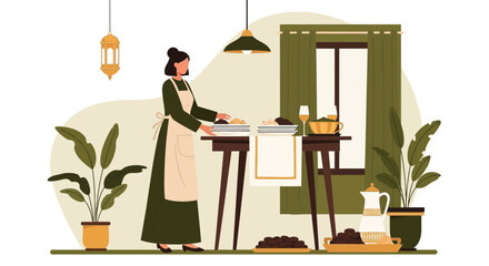 Elegant Woman Prepares An Iftar Table In A Minimalist Interior Setting