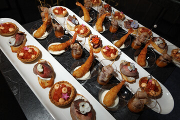 Elegant assortment of gourmet canapés, featuring shrimp, beef, and vegetable appetizers on white platters. Perfect for events, showcasing culinary artistry and inviting presentation.