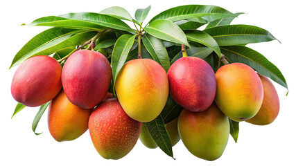 Obraz premium A vibrant cluster of ripe mangoes with green leaves hanging from a branch isolated on transparent background