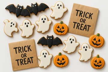 Halloween cookies featuring bat, ghost, and pumpkin designs with trick or treat bags. concept of halloween treats, holiday celebration, festive decor.