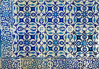 Ornate blue Turkish Iznik tiles with floral Islamic patterns in Istanbul, Turkey