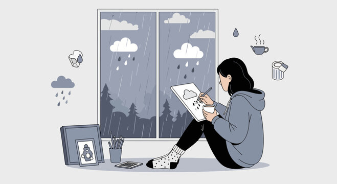 Comfortable Woman Enjoying Rainy Day While Creating Art At Her Home