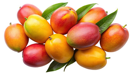 A vibrant assortment of ripe mangoes with lush green leaves showcasing a spectrum of colors isolated on transparent background