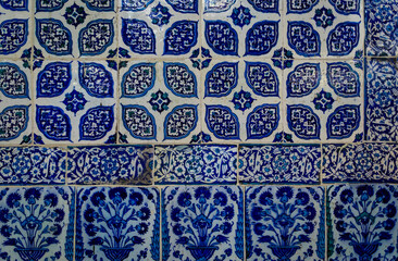 Ornate blue Turkish Iznik tiles with floral Islamic patterns in Istanbul, Turkey