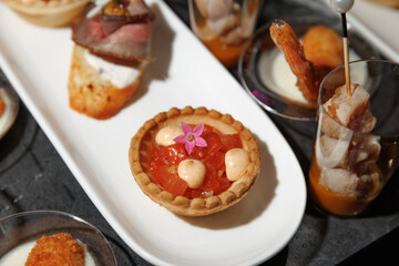 Gourmet appetizer selection featuring a variety of savory bites elegantly presented on white plates. Includes crispy tarts with toppings, skewered seafood, and delicate canapés.