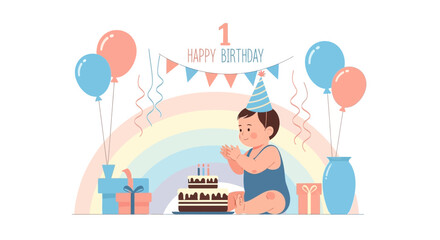 Cute First Birthday Celebration with Rainbow Backdrop and Party Decorations