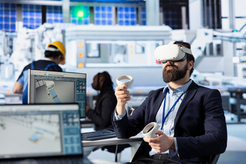 Solar panels plant professional optimizing efficiency using VR goggles. Photovoltaics factory...