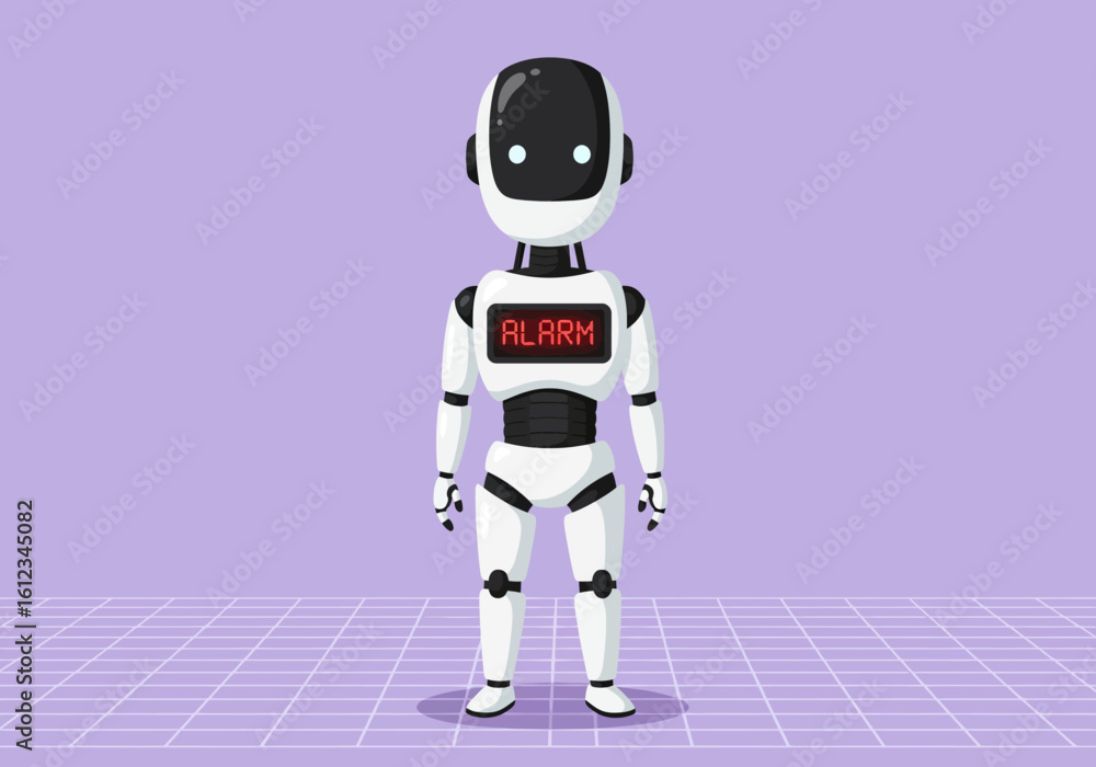 Poster futuristic humanoid robot with 'alarm' displayed on its chest, standing against a purple background 
