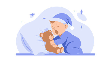 Cute Yawning Baby With Teddy Bear Ready To Sleep In Bed Time