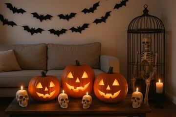Obraz premium Halloween room decor featuring jack-o-lanterns, skulls, and bats in cozy living room setting. concept of spooky decoration, festive atmosphere, seasonal celebration