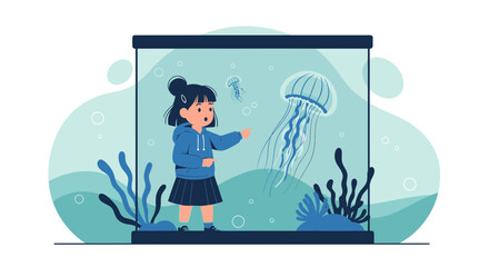 Obraz premium Delighted Young Girl Observing Jellyfish In Captivating Aquarium Experience