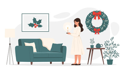 Cozy Holiday Evening Woman Holds Candle in Decorated Room Illustration