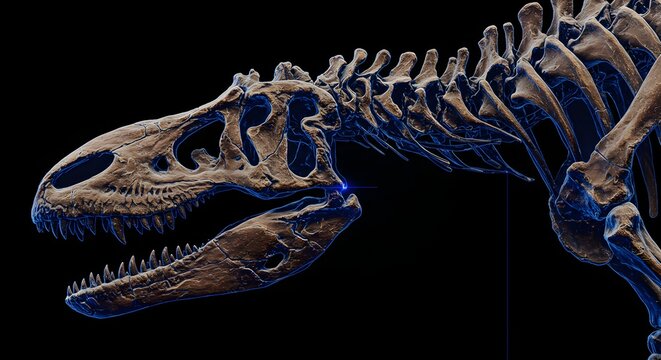 A skeletal display of a dinosaur fossil showcasing its bone structure against a dark background setting indoors 3D laser analysis - Powered by Adobe