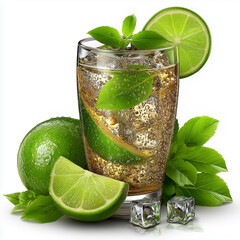 Mojito cocktail in glass filled with ice and bubbly amber liquid, garnished with lime slices and fresh mint leaves, on white background.