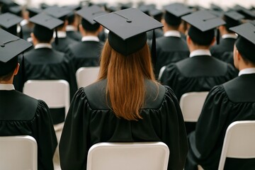 Graduation moment with proud students in caps and gowns seated together at ceremony. concept of achievement, education milestone, future aspirations