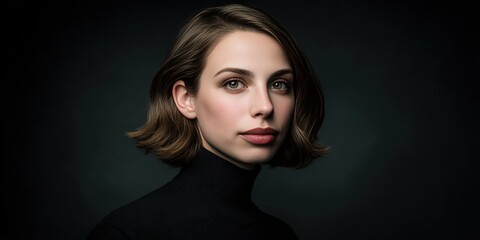 Fototapeta premium Elegant Portrait of a Young Woman with Short Hair Against a Dark Background
