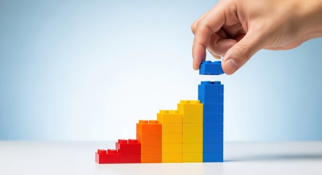 A hand adds a blue block to a colorful bar graph, symbolizing growth