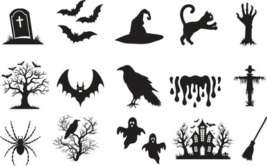 set of halloween element silhouette collection. Black and white vector editable file. Bat, black cat, Black Witch Hat, Broomstick, crow on brunch of tree, fierce bat, ghost figures, vector, grave, hau