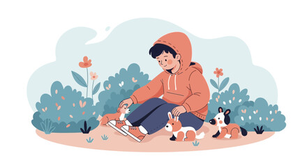 Boy With Hoodie Sitting Petting Small Dogs And Other Animal Toys Outdoors