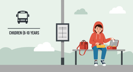 Boy With Lunchbox Waiting For School Bus Illustration Back To School Concept