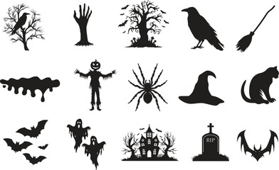 set of halloween element silhouette collection. Black and white vector editable file. Bat, black cat, Black Witch Hat, Broomstick, crow on brunch of tree, fierce bat, ghost figures, vector, grave, hau