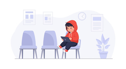Boy Working On A Tablet While Waiting In A Room Illustration Design