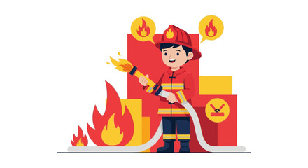 Naklejka premium Brave Cartoon Firefighter Extinguishing Flames With Water Hose Illustration