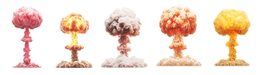 Set of nuclear explosions isolated on the transparent background.
