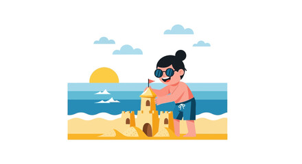 Boy Enjoying Summer Vacation Constructing Sandcastle On Ocean Beach