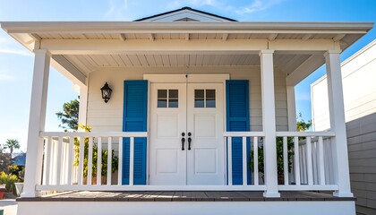 Charming, white cottage with blue shutters