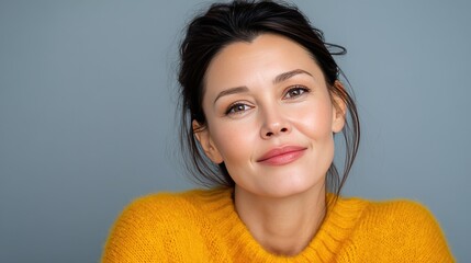 Portrait of a Smiling Woman in a Cozy Yellow Sweater Against a Soft Blue Background
