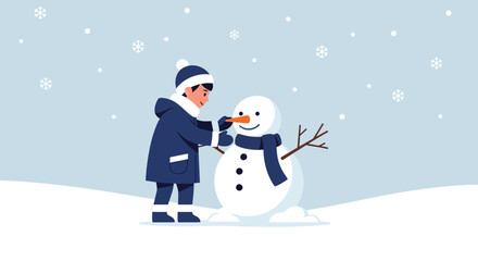 Boy Enjoying Winter Scene Building Snowman Outside On Cold Day