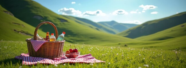 Picnic basket with food and water on a sunny green field