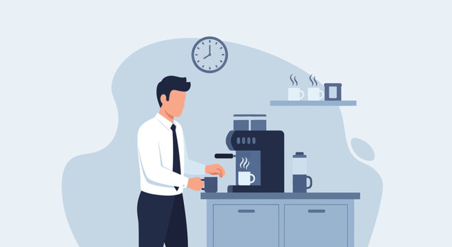 Businessman Preparing Morning Coffee For Energy in Workplace Setting