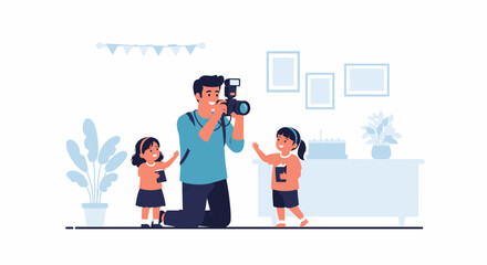 Capturing Family Memories Father Taking Pictures Of His Two Daughters