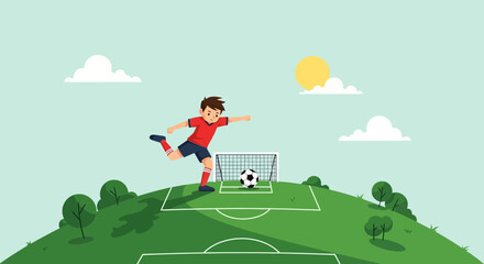 Cartoon Boy Kicking A Soccer Ball On A Sunny Day Green Field