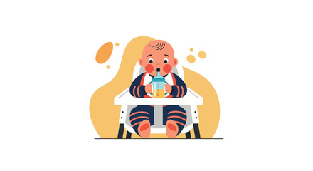Cartoon illustration of a baby drinking from a bottle in a high chair during feeding time depicted in a modern style