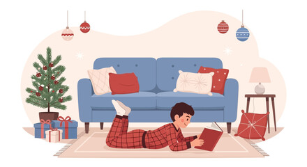 Boy In Pajamas Reading A Book On Christmas Day By The Fireplace